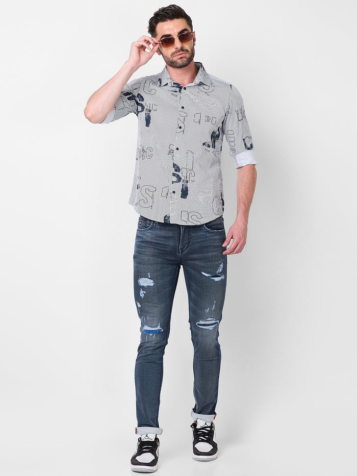 Full Sleeves Slim Fit Abstract Typographic Scribble Print with Pinstripes Shirt