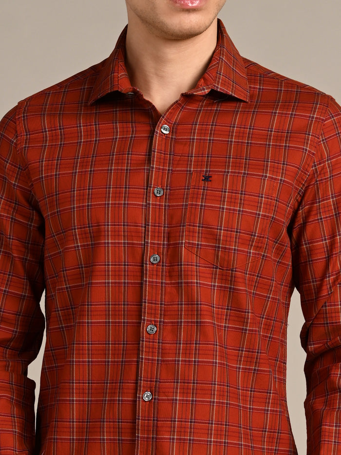 Full Sleeves Slim Fit Brick Red Dobby Structured Checks Shirt