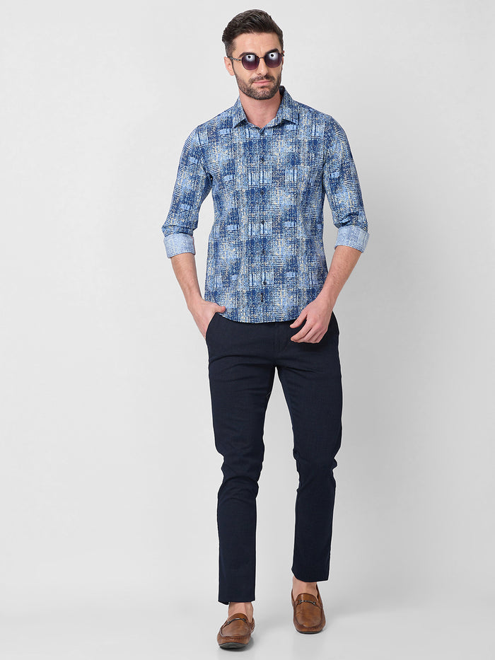 Full Sleeves Slim Fit Brown Grunge Geometric Print Shirt