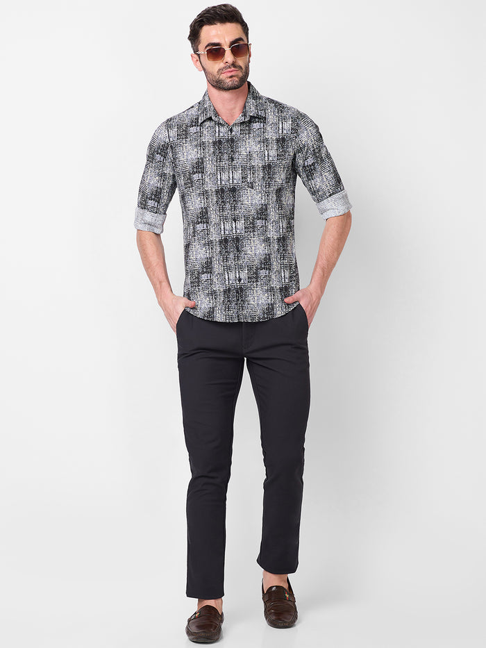 Full Sleeves Slim Fit Grey Grunge Geometric Print Shirt