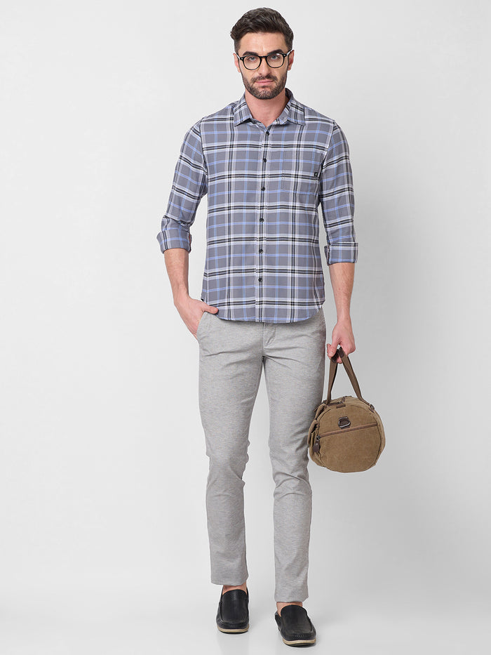 Full Sleeves Slim Fit Grey Structure Checks Shirt