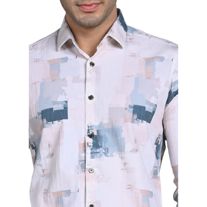 Full Sleeves Slim Fit Light Peach All-Over Grunge Brush Stroke Crushed Print Shirt