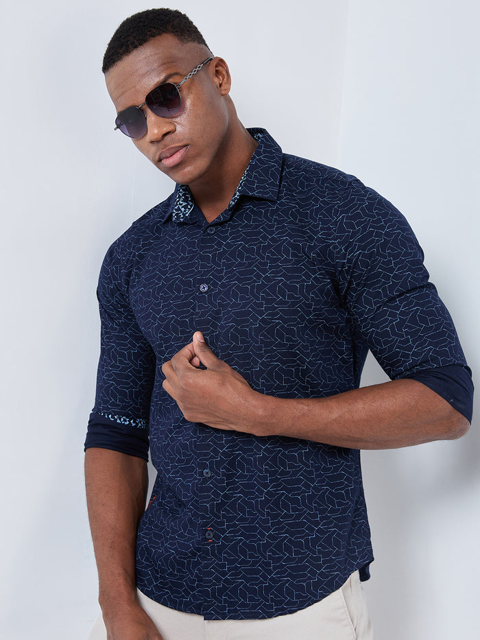 Full sleeves Slim Fit Navy Abstract Linear Geometric Print Shirt