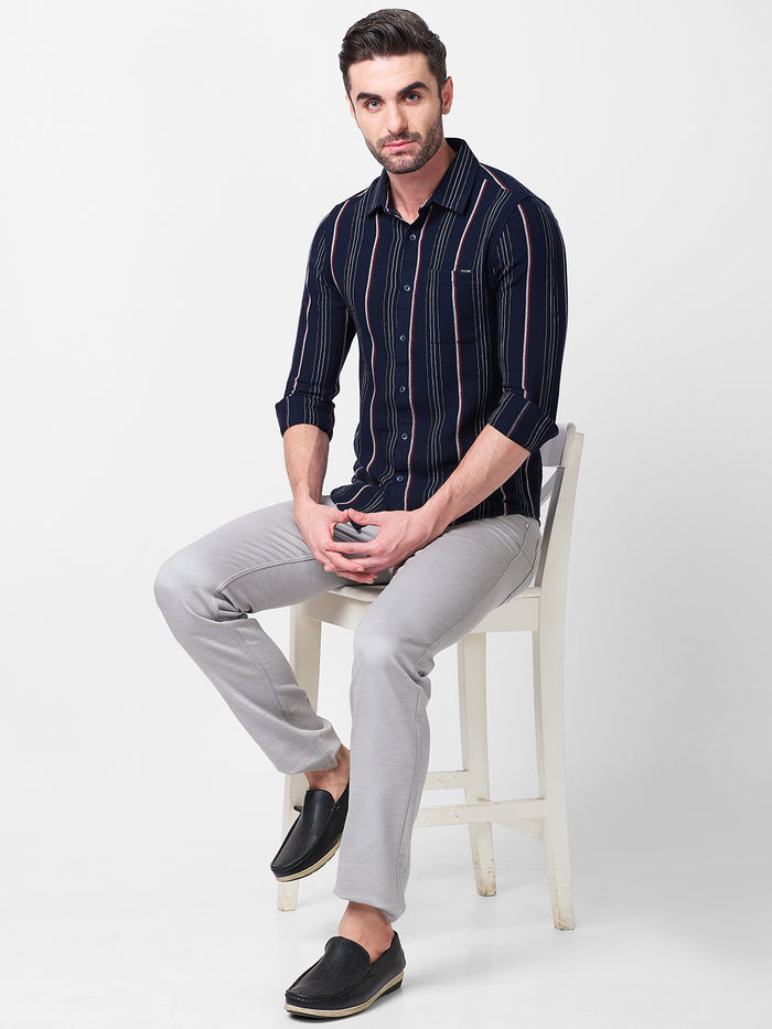 Full Sleeves Slim Fit Navy Structure Stripe Shirt