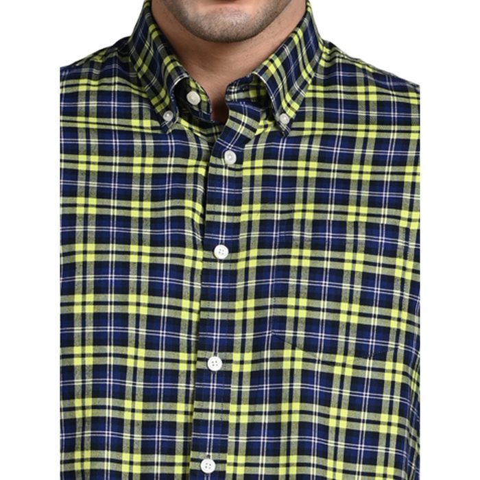 Full Sleeves Slim Fit Neon Green Button-Down Oxford Checks Shirt