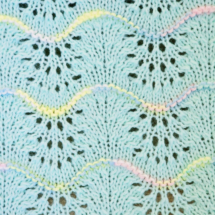 Hand Knitted Baby Blanket - Wave Pattern Pastel Green with Mulit-Colored Trim