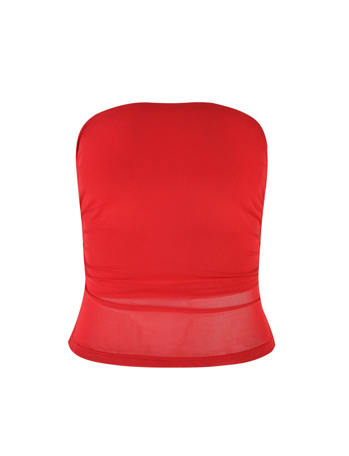 The HARRIETT TUBE TOP - RED from TIGERMIST is a vibrant red, strapless, fitted tube top made from lightweight, slightly sheer fabric. Photographed against a plain white background, the fabric displays subtle ruching at the sides, ensuring a form-fitting appearance.