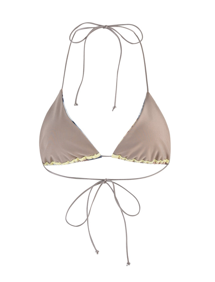 The KRYZE Bikini Top - Multi: Tie Dye: Paisley Tie Dye from TIGERMIST features a taupe triangle design with thin halter neck and back ties. Light yellow ruffles trim the bottom edges of the cups, adding an elegant decorative touch to the otherwise minimalist top.