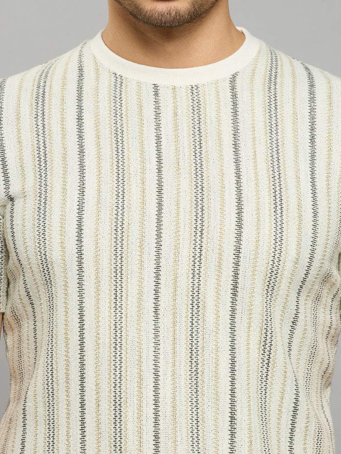 Men's Beige Striped Slim Fit T-Shirts