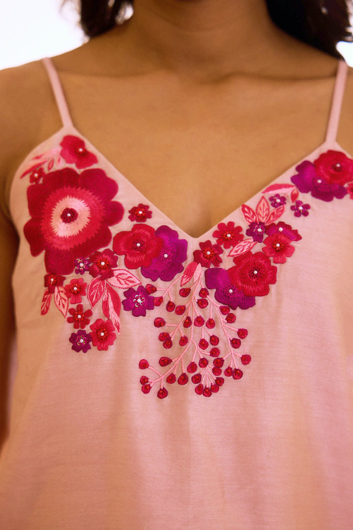 Peach Chanderi Embroidered Spaghetti Top