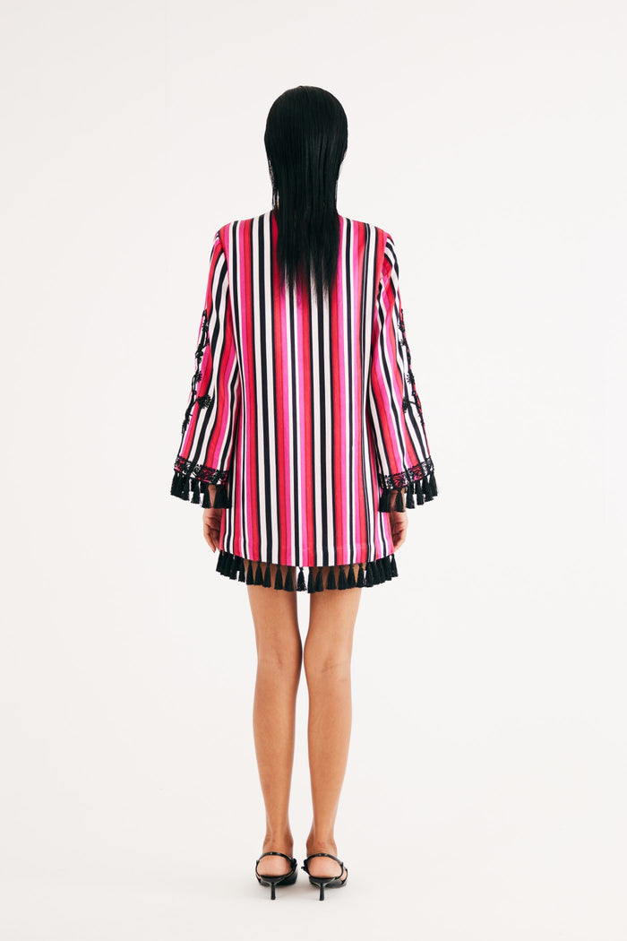Rani pink Stripe Mashroo Satin Embroidered Tunic