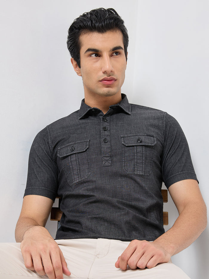 Short sleeves Slim Fit Mid Black Washed kurta Placket Indigo Solid Shirt