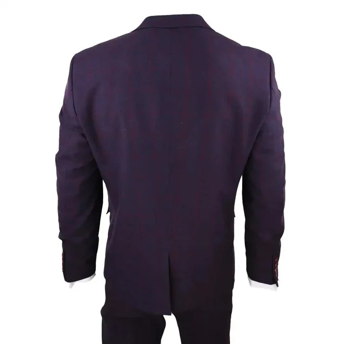 Back view of the men's wool tweed 3 piece suit in plum wine check, highlighting the tailored fit and fabric pattern, worn with a white shirt and red tie.