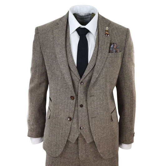 Men's vintage herringbone tweed suit in vintage oak color, includes blazer, waistcoat, and trousers, with a white shirt and dark tie