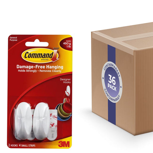 3M Command Damage-Free Hanging Small White Designer Hooks 2CT with 4 Adhesive Strips - 36 Pack