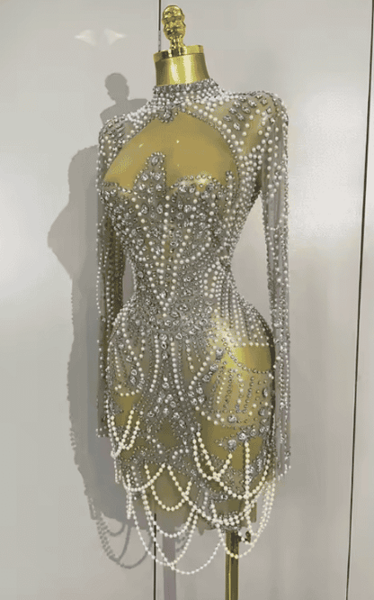 Abi Luxury Diamond Pearl Mesh Stretch Mini Dress