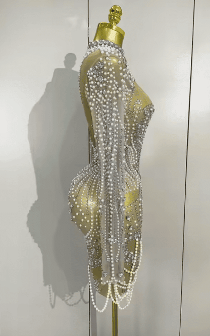 Abi luxury diamond pearl mesh mini dress for women. Elegant stretch party dress for prom, birthdays, and evening celebrations.