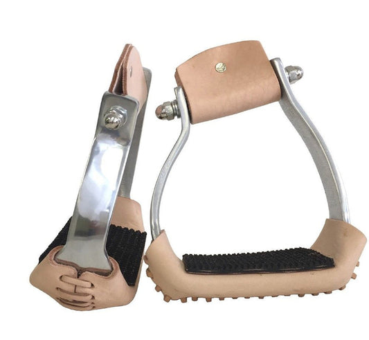 AJ Tack slanted aluminum roping stirrups with leather tread and rubber pads