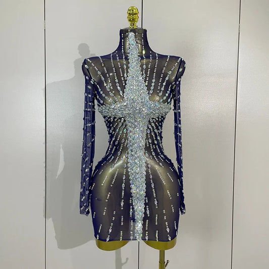 Ajay sheer mesh see-through sparkling diamond sequin long sleeve mini dress for women party night out