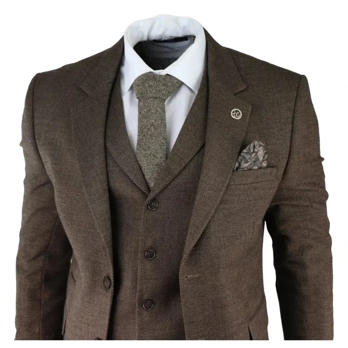Men's brown herringbone tweed waistcoat with white shirt and matching tie, showcasing classic formal style for weddings or events