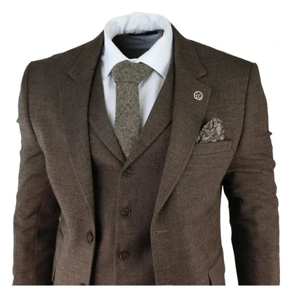 Men's brown herringbone tweed waistcoat with white shirt and matching tie, showcasing classic formal style for weddings or events