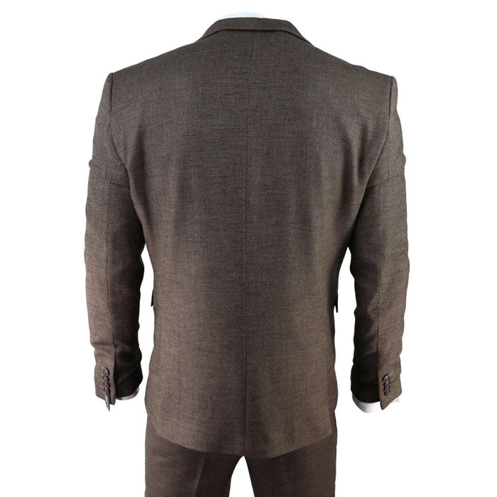 Back view of men's brown herringbone tweed suit jacket with structured shoulders and tailored fit, matching trousers, and subtle detailing