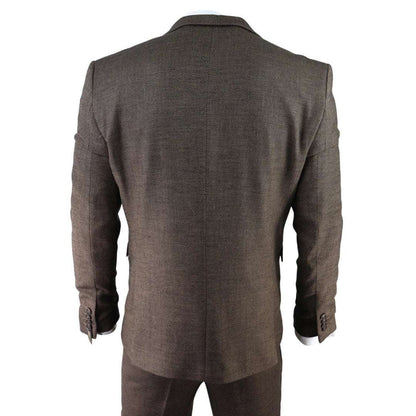Back view of men's brown herringbone tweed suit jacket with structured shoulders and tailored fit, matching trousers, and subtle detailing