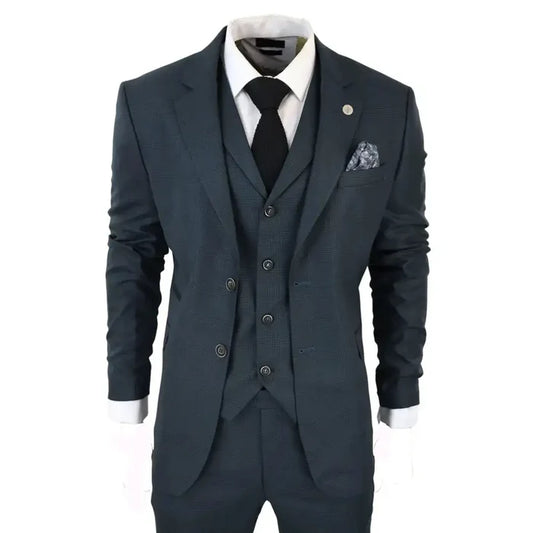 Men's dark navy suit with a tailored fit, notch lapel, and subtle check pattern, paired with a white shirt and black tie for formal occasions.