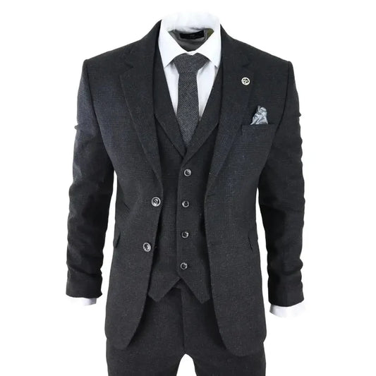 Men's black tweed 3-piece suit with check pattern, wool feel fabric, tailored fit, includes blazer, waistcoat, trousers, with white shirt and tie