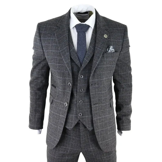 Men's grey tweed 3-piece suit with blue check pattern, tailored fit, includes blazer, waistcoat, and trousers, perfect for formal occasions.