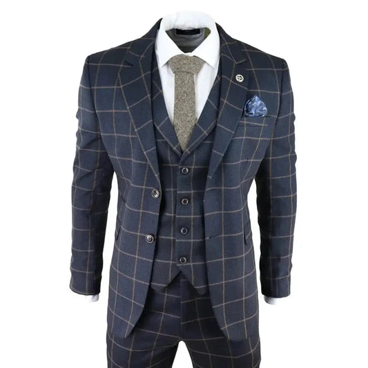Men's navy blue plaid suit with tailored fit, notch lapel blazer, matching trousers, white shirt, beige tie, pocket square, SKU: AK-15_suit_Navy_36