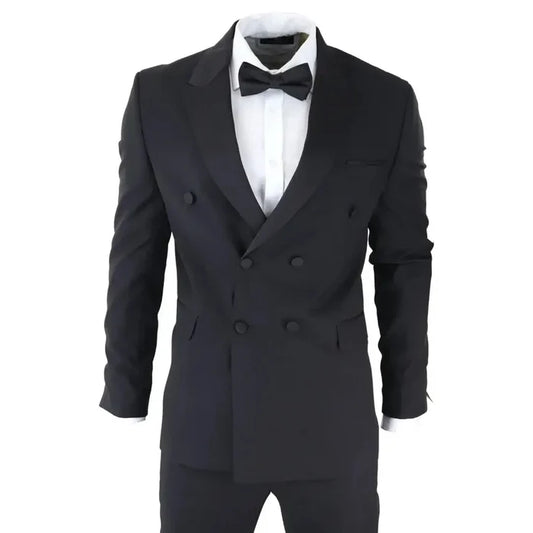 Men's black double-breasted tuxedo suit with satin lapels, white dress shirt, black bow tie, tailored fit, suitable for formal events - SKU: ak-22_suit_Black_36