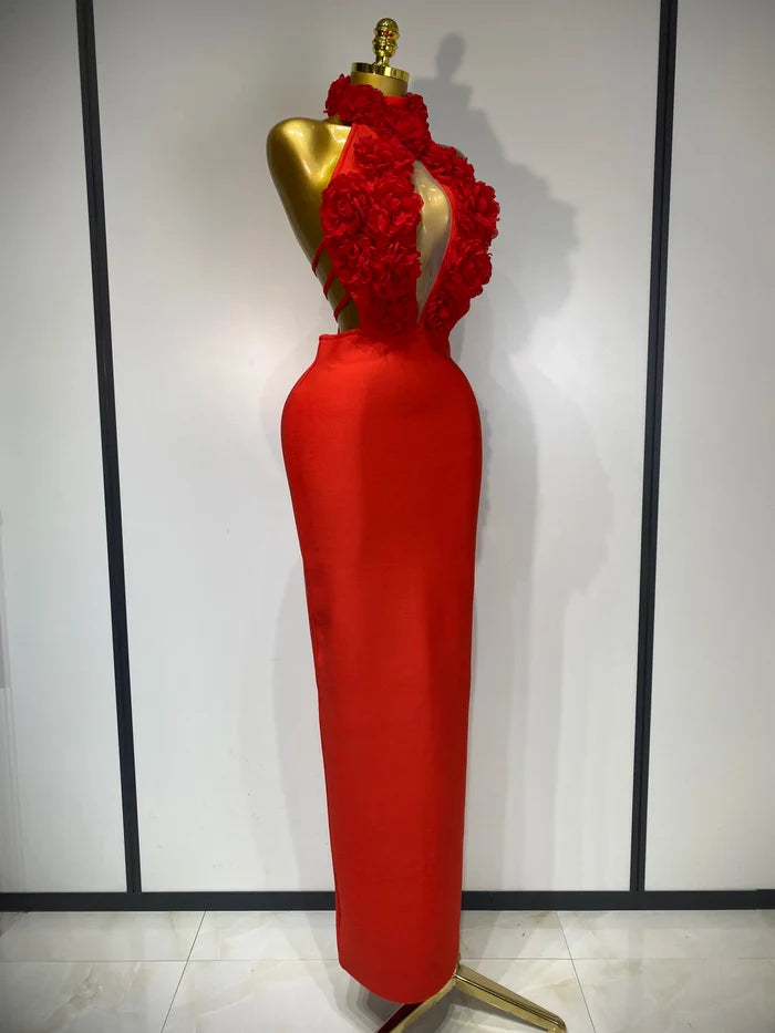 Alana Red Halter Hollow Out Flower Bodycon Bandage Dress with backless design, floral cutouts, and slim fit.