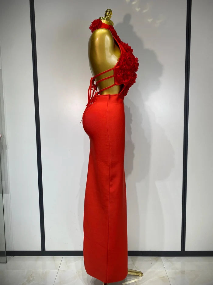 Alana Red Halter Hollow Out Flower Bodycon Bandage Dress with backless design, floral cutouts, and slim fit.