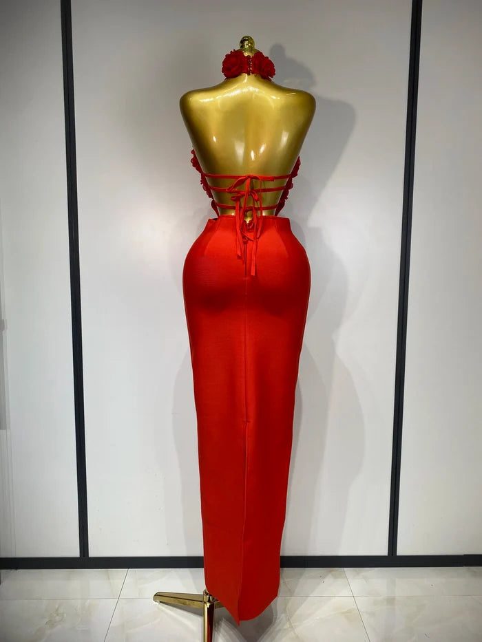 Alana Red Halter Hollow Out Flower Bodycon Bandage Dress with backless design, floral cutouts, and slim fit.