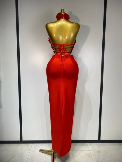 Alana Red Halter Hollow Out Flower Bodycon Bandage Dress with backless design, floral cutouts, and slim fit.