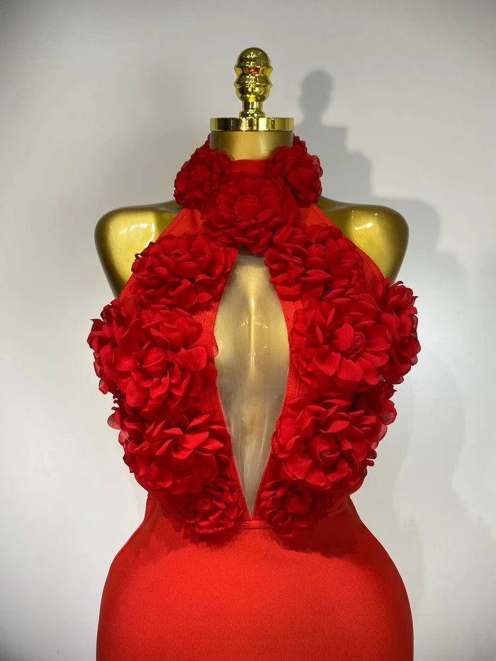 Alana Red Halter Hollow Out Flower Bodycon Bandage Dress with backless design, floral cutouts, and slim fit.