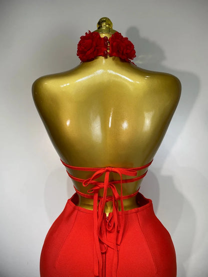 Alana Red Halter Hollow Out Flower Bodycon Bandage Dress with backless design, floral cutouts, and slim fit.
