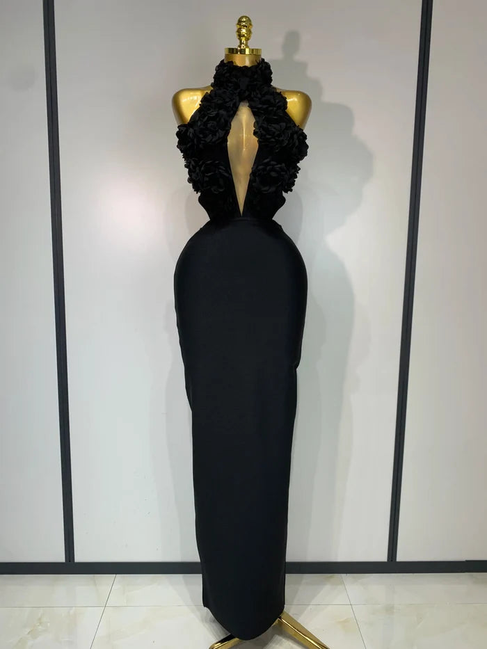 Alana Black Halter Hollow Out Flower Bodycon Bandage Dress with backless design, floral cutouts, and slim fit.