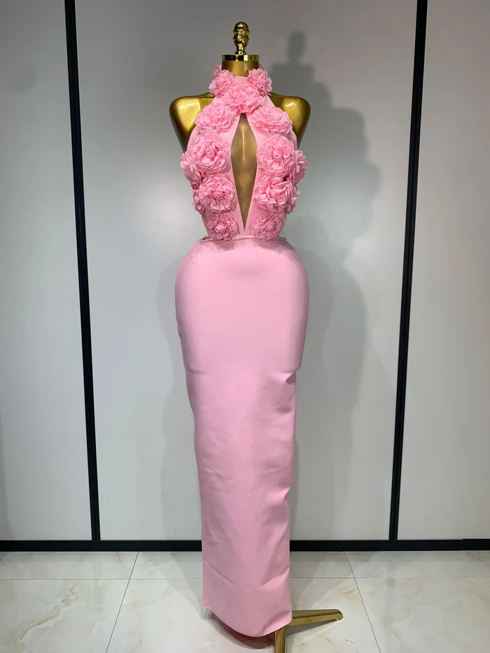 Alana Pink Halter Hollow Out Flower Bodycon Bandage Dress with backless design, floral cutouts, and slim fit.