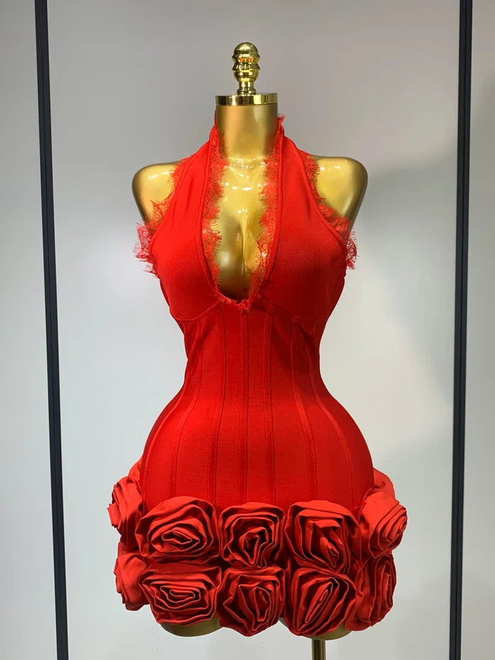 Elegant halter applique mini bandage dress with sleeveless bodycon silhouette