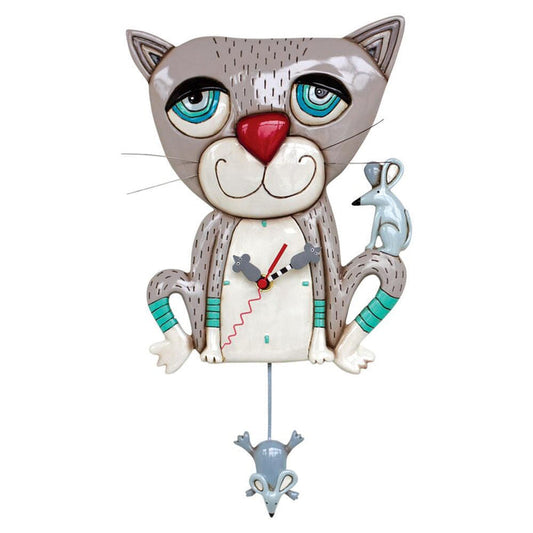 Allen Designs - Mouser Grey Blue Kitten Mouse Cat Swing Pendulum Wall Clock P1404