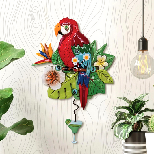 Allen Designs - Polly Parrot Bird Rainforest Flowers Cocktail Swing Pendulum Wall Clock P1866