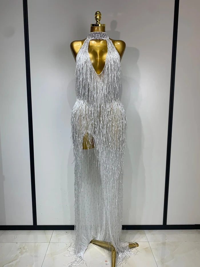 Allison elegant sexy shiny crystal tassel long dress