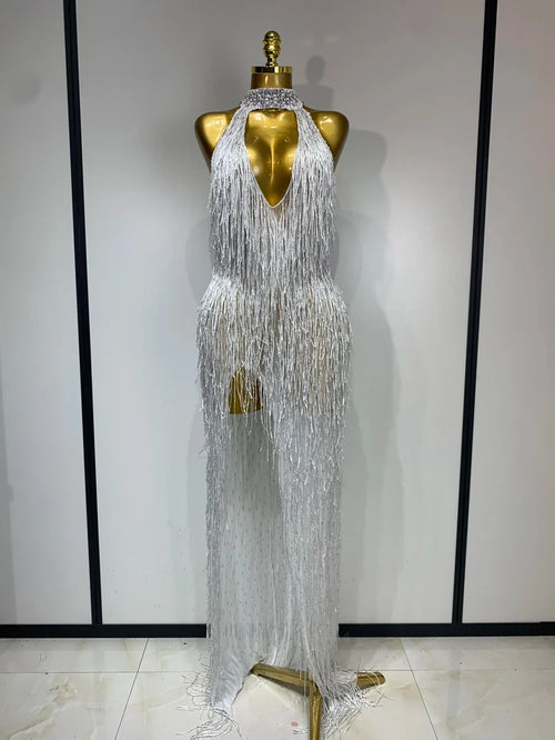 Allison elegant sexy shiny crystal tassel long dress