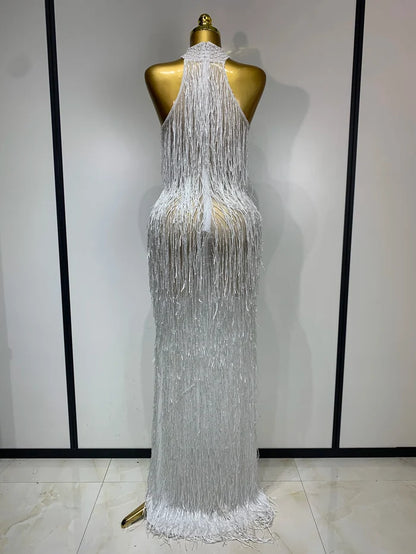 Allison elegant sexy shiny crystal tassel long dress