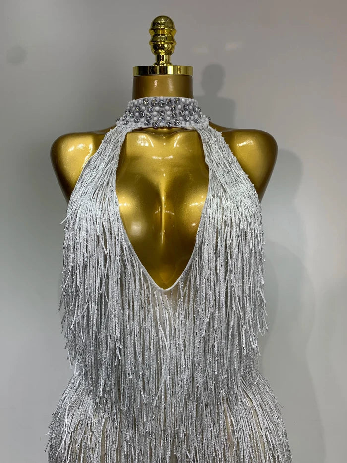 Allison elegant sexy shiny crystal tassel long dress