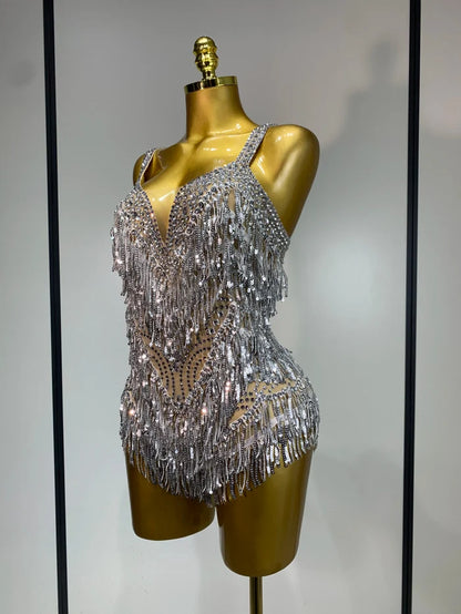 Anne sparkly rhinestones sequins tassel see through bodysuit