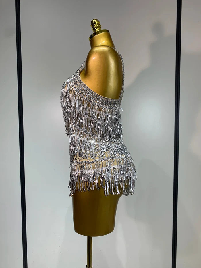 Anne sparkly rhinestones sequins tassel see through bodysuit
