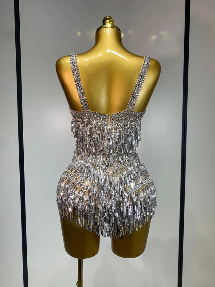 Anne sparkly rhinestones sequins tassel see through bodysuit